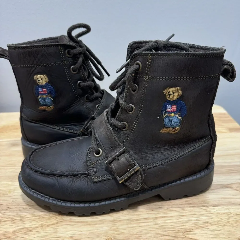 Polo Ralph Lauren Bear Boots Youth 1 Reverse Suede Ranger Hi II Buckle‎ Combat